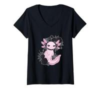 Donna Pastel Goth Axolotl Collare Spillo Rose Nere Carino Creepy Maglietta con Collo a V