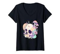 Donna Pastello Goth Cranio Funghi Witchy Menhera Giapponese Harajuku Maglietta con Collo a V