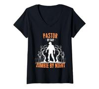 Donna Pastor by Day Zombie di Notte Divertente Halloween Creepy Maglietta con Collo a V