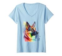 Donna Pastore Tedesco Colorato Pop Art Tie Dye Acquerello Maglietta con Collo a V