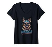 Donna Pastore Tedesco Vintage 4 Luglio Merica Maglietta con Collo a V