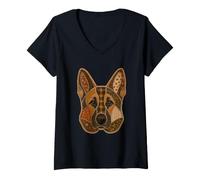 Donna Patchwork Pastore Tedesco Rustico Autunno Cane Art Graphic Maglietta con Collo a V