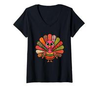 Donna Patchwork Turchia Ringraziamento Gobble Coquette Quilt Autunno Maglietta con Collo a V