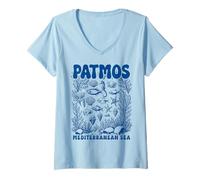 Donna Patmos Grecia Mar Mediterraneo Retro Ocean Vita marina Maglietta con Collo a V