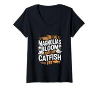 Donna Patrimonio del Mississippi Dove FIORISCONO MAGNOLIE E Friggono Il Pesce Gatto Maglietta con Collo a V