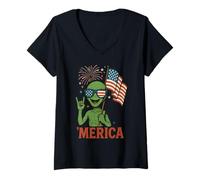 Donna Patriotic Alien 'Merica Funny 4 luglio Scienza Maglietta con Collo a V