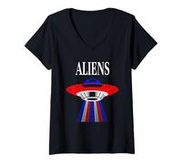 Donna Patriotic Aliens UFO Space Lovers Rosso-Bianco-Blu Maglietta con Collo a V
