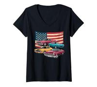 Donna Patriotic American Flag Vintage Muscle Car Maglietta con Collo a V