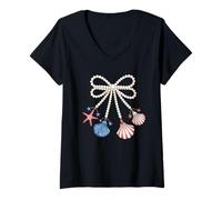 Donna Patriotic Coquette Pearl Bow Summer Beachy Girly, conchiglie Maglietta con Collo a V