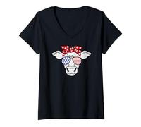 Donna Patriotic Cow 4 luglio Farm Funny Animal USA Maglietta con Collo a V