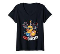 Donna Patriotic Firequacker Independence Day 4 luglio Maglietta con Collo a V