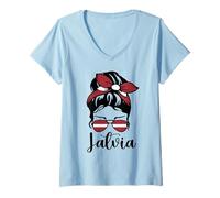 Donna Patriotic Lettonia Messy Bun Bandiera Lettone Mamma Ragazze Bambini Maglietta con Collo a V