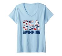Donna Patriotic USA American Flag Swimming. Maglietta con Collo a V