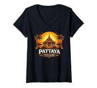Donna Pattaya Thailandia Tramonto Thai Tempio Design Maglietta con Collo a V