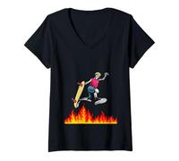 Donna Pattinatore di Skateboard saltando sopra Il Fuoco Maglietta con Collo a V