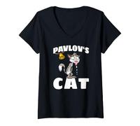 Donna Pavlovs Cat Gatto Cartoni Esperimento Pavloviano del Cane Maglietta con Collo a V