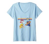 Donna Paw Patrol Pups in Action Retro Multicolor Racing Stripes Maglietta con Collo a V