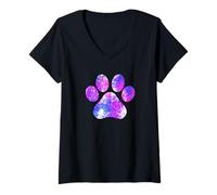 Donna Paw Print Splash Splatter Vernice Rosa Blu Viola Maglietta con Collo a V