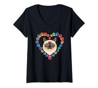 Donna Paws Dye Heart Himalayan Cat Maglietta con Collo a V