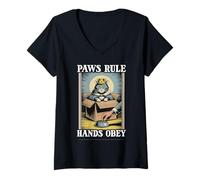 Donna Paws Rule Hands Obey Cat in Box - Ciotola per Cibo Divertente a Forma di Gatto Maglietta con Collo a V