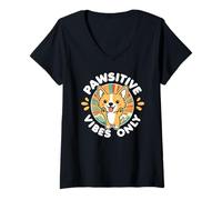 Donna Pawsitive Vibes Solo Carino Kawaii Corgi Motivazione positiva Maglietta con Collo a V