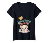 Donna Pawsitively Beachy Summer Sunshine - Spiaggia per Cani Kawaii Maglietta con Collo a V