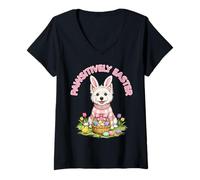 Donna Pawsitively - Uova pasquali con Orecchie da Coniglio, Colore: Bianco Maglietta con Collo a V