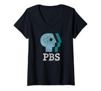 Donna PBS Blue Teal And White Logo Public Broadcasting Service Maglietta con Collo a V