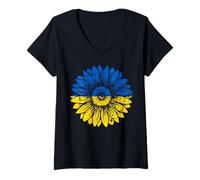 Donna Peace in Ukraine Girasole Distressed Blu e Giallo Maglietta con Collo a V
