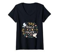 Donna Peace is Power Diritti Umani Protesta Citazione Arte Maglietta con Collo a V