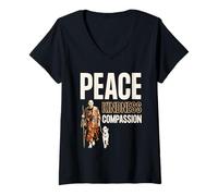 Donna Peace Kindness Compassion Walk for Peace Monk & Aloka Dog Maglietta con Collo a V