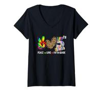 Donna Peace Love 5th Grade, Leopard Tie Dye Pencil Design Teacher Maglietta con Collo a V