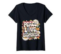 Donna Peace Love Badminton 60s 70s Hippie Retro Giocatore di badminton Maglietta con Collo a V