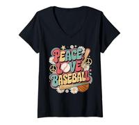 Donna Peace Love Baseball 60s 70s Hippie Retro Giocatore di baseball Maglietta con Collo a V