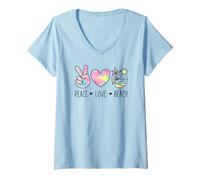 Donna Peace Love Beach, graziosa Cravatta in Tinta Pastello, Stile retrò Tropicale Estivo Maglietta con Collo a V