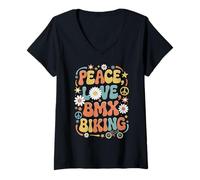Donna Peace Love BMX Bike 60s 70s Hippie Retro BMX Rider Maglietta con Collo a V