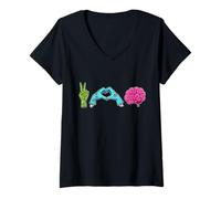 Donna Peace Love Brain Mani Zombie Cervello Rosa Maglietta con Collo a V