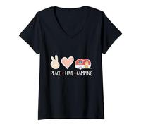 Donna Peace Love Camping Slogan Hippy Design Hippie Camper Donna Maglietta con Collo a V