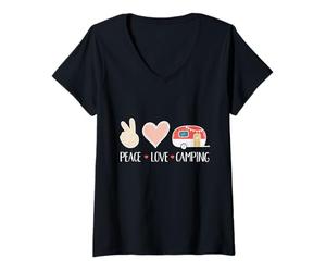 Donna Peace Love Camping Slogan Hippy Design Hippie Camper Donna Maglietta con Collo a V