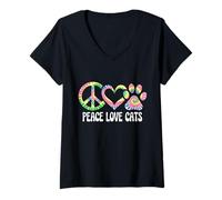 Donna Peace Love Cats Leopard Cats Proprietario di Gattini Amanti dei Gatti Maglietta con Collo a V