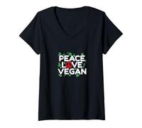 Donna Peace Love Cavolo Vegano Maglietta con Collo a V