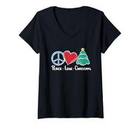 Donna Peace Love Christmas Segno della Pace Cuore Albero Meme Maglietta con Collo a V