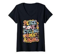 Donna Peace Love Ciclismo BMX Racing 60s 70s Hippie Retro BMX Racer Maglietta con Collo a V