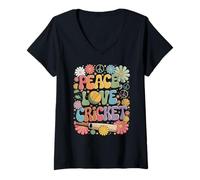 Donna Peace Love Cricket 60s 70s Hippie Retro Cricket Maglietta con Collo a V