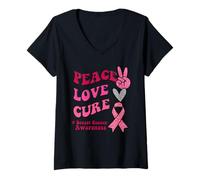 Donna Peace Love Cure Rosa Cancro Seno Consapevolezza Groovy Ondulato Maglietta con Collo a V