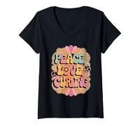 Donna Peace Love Curling 60s 70s Hippie Retro Bigodino Maglietta con Collo a V