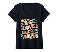 Donna Peace Love Equestrian Vaulting anni '70 Hippie Retro Equestre Maglietta con Collo a V