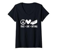 Donna Peace Love Hot Dogs Hot Dog Amante Fun Tee Maglietta con Collo a V