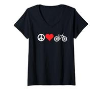 Donna Peace Love Mountain Bikes Funny Retro MTB Biking Maglietta con Collo a V
