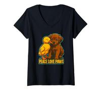 Donna Peace Love Paws Puppy And Duck Amicizia Maglietta con Collo a V